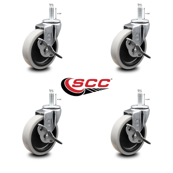 4 Inch Thermoplastic Wheel 8mm Threaded Stem Caster Set with Brakes SCC, 4PK